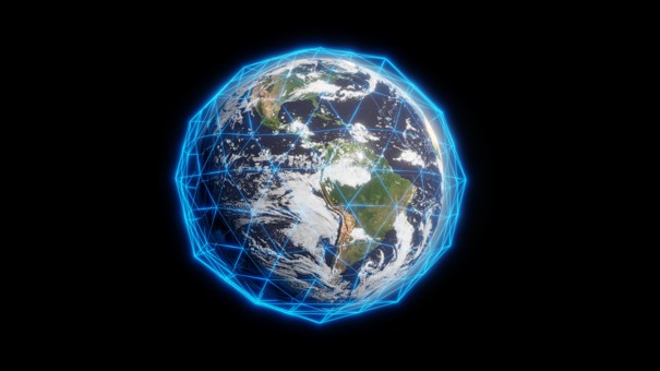 A digital rendering of Earth with a blue geometric network overlay, symbolizing global connectivity, on a black backgrou
