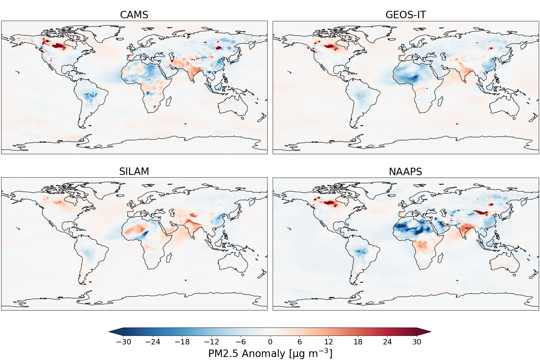 Four world maps show PM2.5 anomaly data from CAMS, GEOS-IT, SILAM, and NAAPS models, with blue for negative and red for 