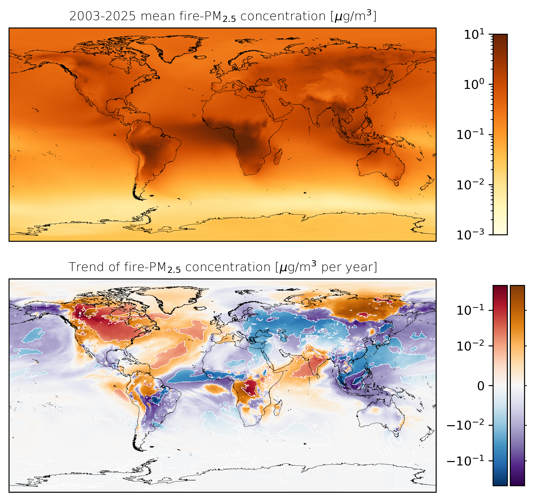 Two world maps show average fire-PM2.5 concentration from 2003–2025 and annual trend, using color scales to highlight ge