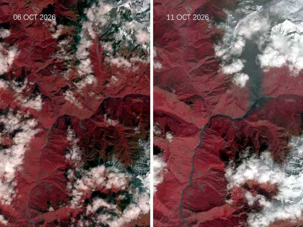 Satellite comparison of a mountain landscape on October 6 and October 11, 2026, showing a shift in cloud cover and veget